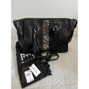 Milly Black Studded Pebbled Leather Tassel Tote Bag